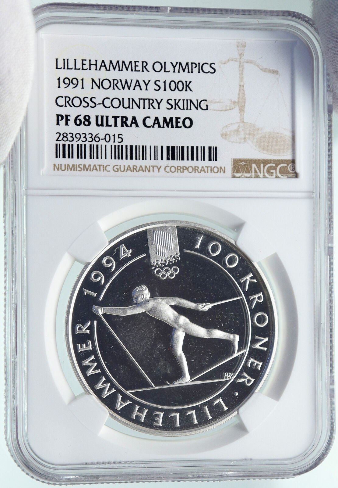 1991 NORWAY Olympics LILLEHAMMER Cross Country Ski Silver 100 Kr Coin NGC i86674