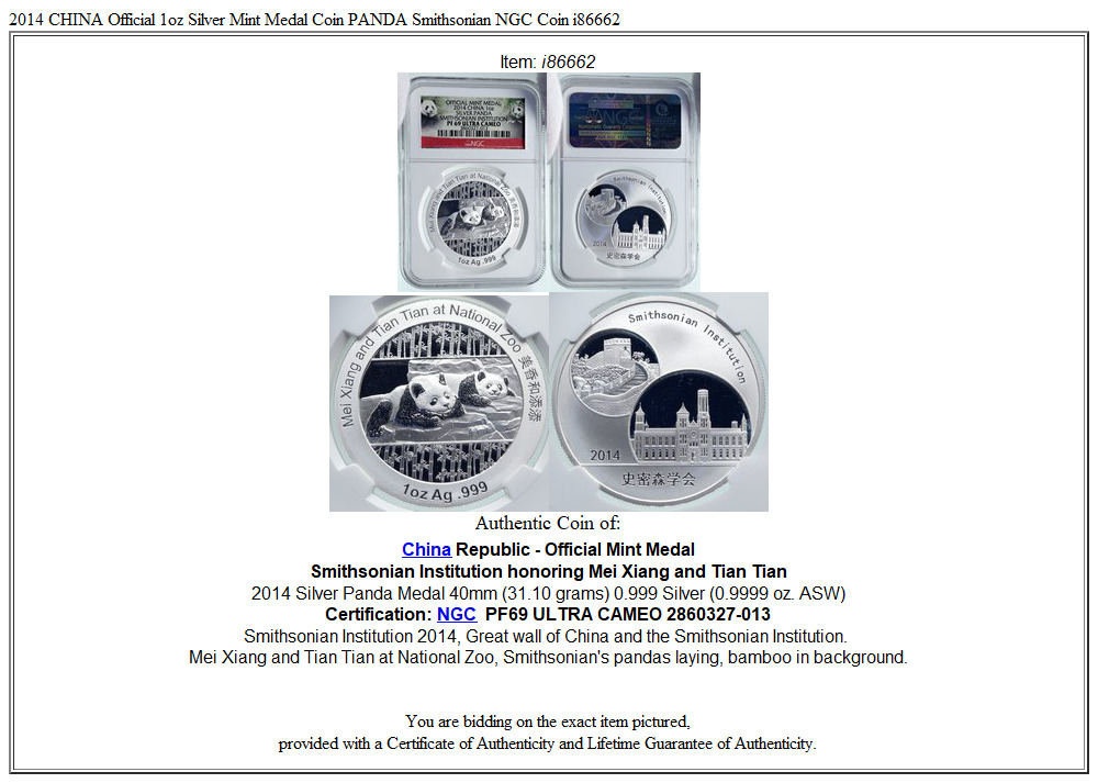 2014 CHINA Official 1oz Silver Mint Medal Coin PANDA Smithsonian NGC Coin i86662