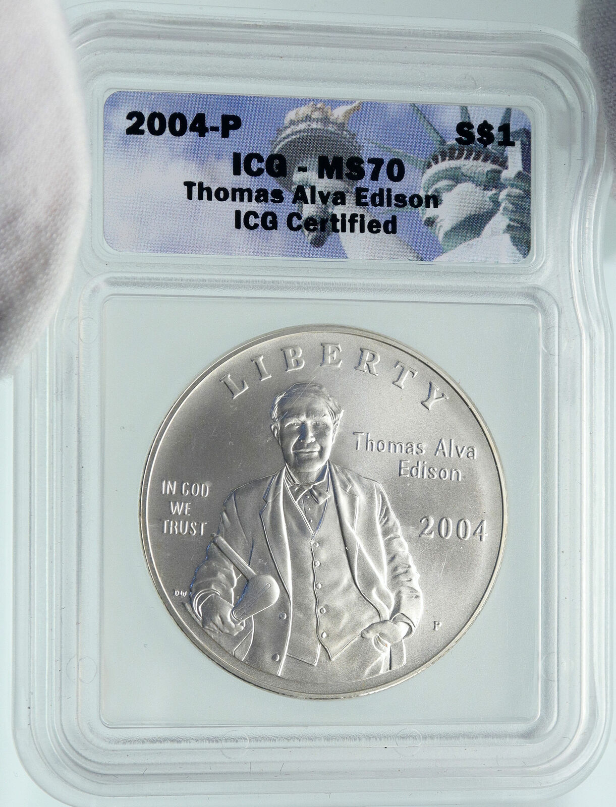 2004 UNITED STATES Thomas Edison INVENTOR of LIGHT BULB SILVER $ Coin ICG i86678