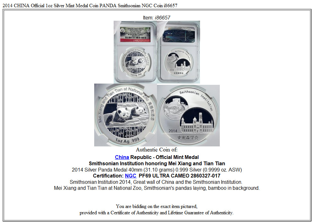 2014 CHINA Official 1oz Silver Mint Medal Coin PANDA Smithsonian NGC Coin i86657