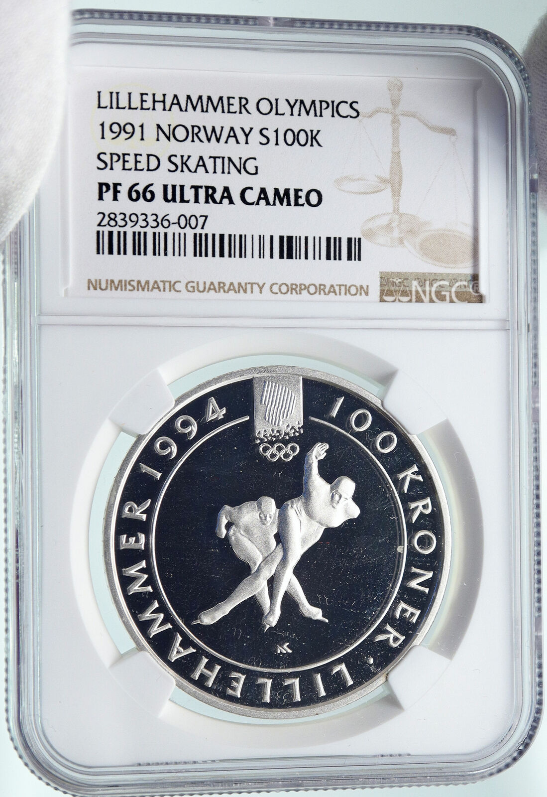 1991 NORWAY Olympics LILLEHAMMER Speed Skating ICE Silver 100 Kr Coin NGC i86655