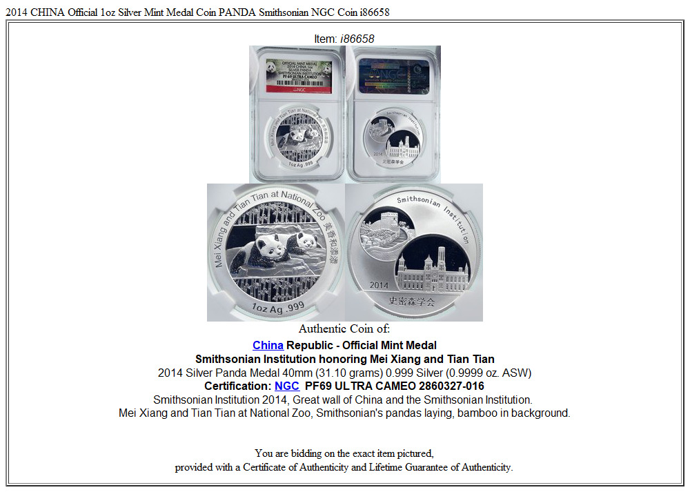 2014 CHINA Official 1oz Silver Mint Medal Coin PANDA Smithsonian NGC Coin i86658