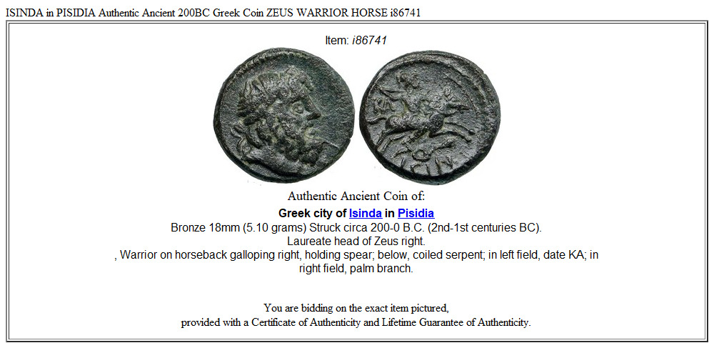 ISINDA in PISIDIA Authentic Ancient 200BC Greek Coin ZEUS WARRIOR HORSE i86741