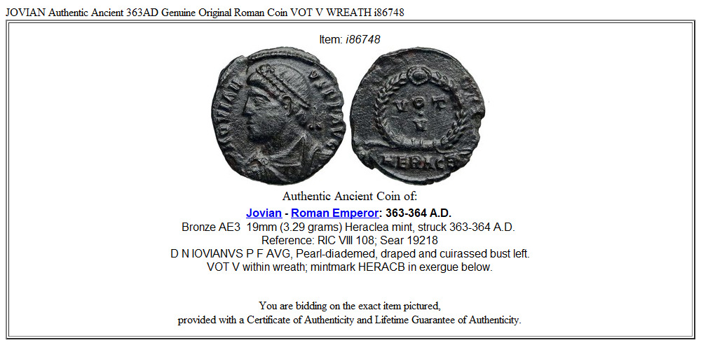 JOVIAN Authentic Ancient 363AD Genuine Original Roman Coin VOT V WREATH i86748