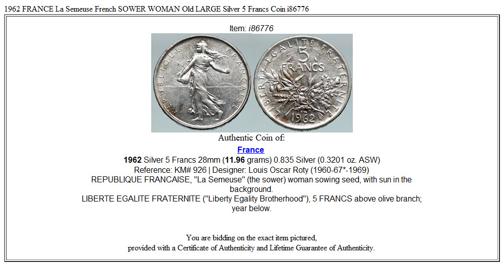 1962 FRANCE La Semeuse French SOWER WOMAN Old LARGE Silver 5 Francs Coin i86776