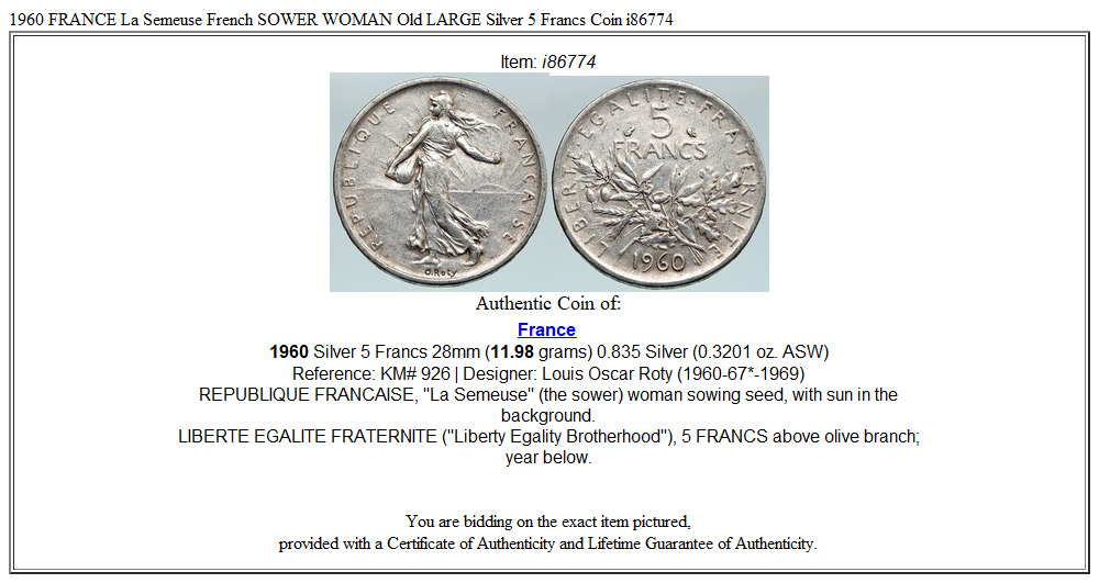 1960 FRANCE La Semeuse French SOWER WOMAN Old LARGE Silver 5 Francs Coin i86774