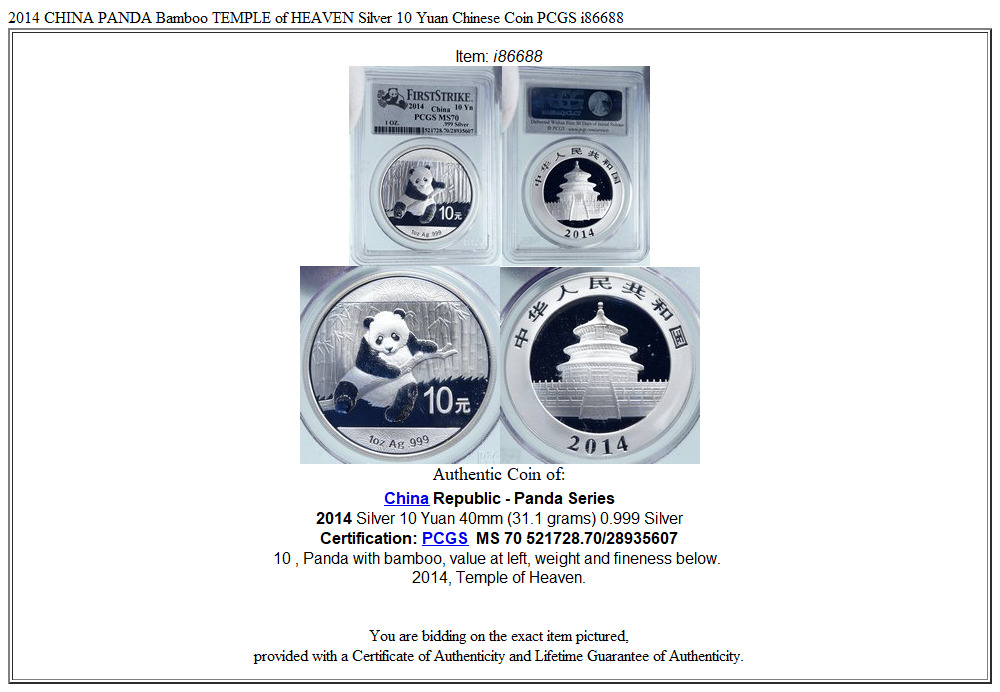 2014 CHINA PANDA Bamboo TEMPLE of HEAVEN Silver 10 Yuan Chinese Coin PCGS i86688