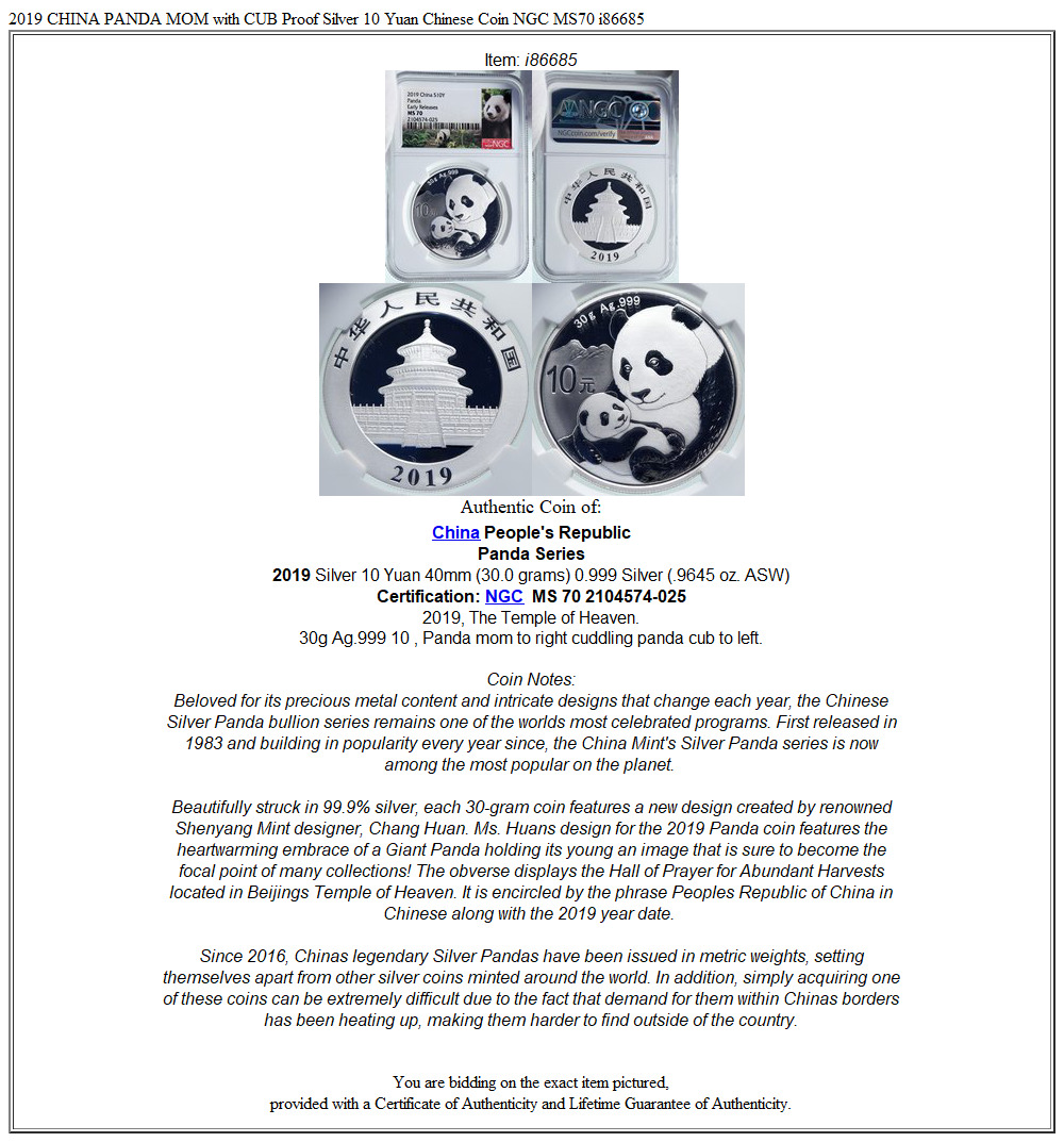 2019 CHINA PANDA MOM with CUB Proof Silver 10 Yuan Chinese Coin NGC MS70 i86685