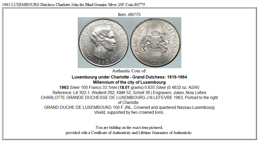 1963 LUXEMBOURG Dutchess Charlotte John the Blind Silver 100 Francs Coin i86775