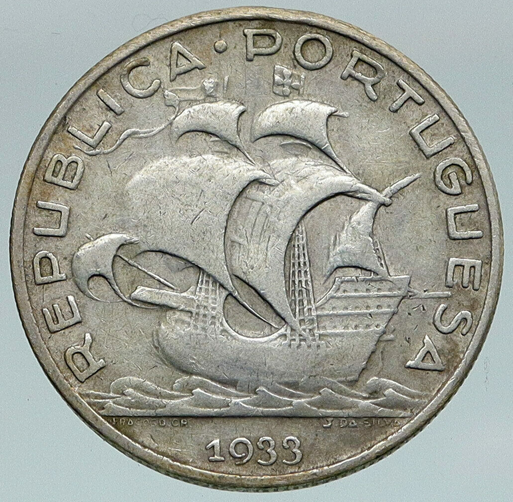 1933 PORTUGAL with PORTUGUESE SAILING SHIP Vintage Silver 5 Escudos Coin i86782