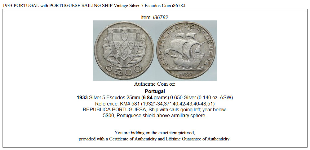 1933 PORTUGAL with PORTUGUESE SAILING SHIP Vintage Silver 5 Escudos Coin i86782