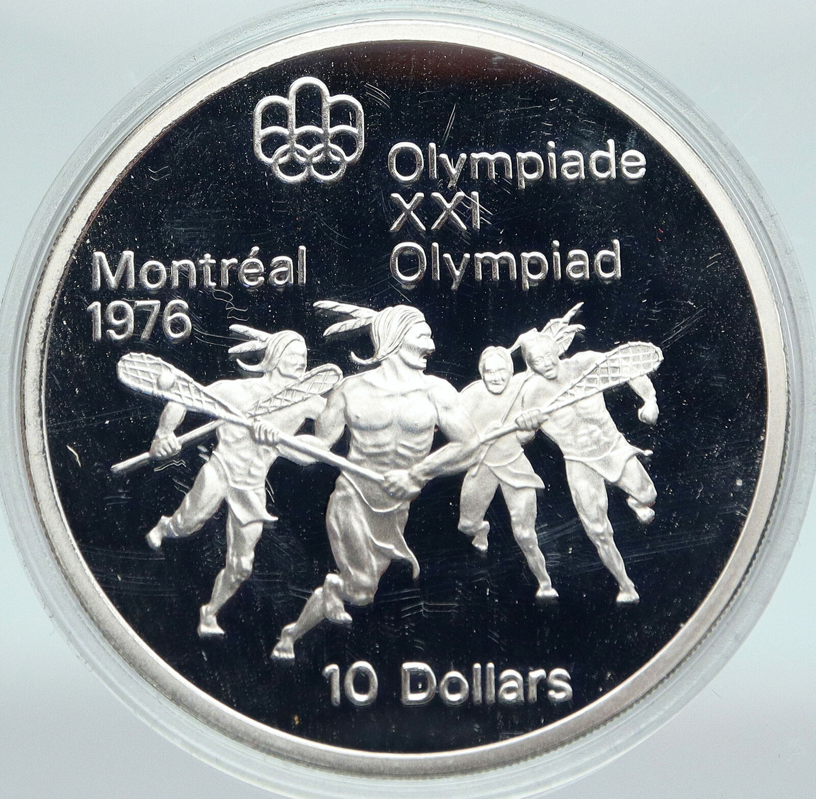 1974 CANADA Elizabeth II Olympics Montreal Lacrosse Proof Silver $10 Coin i86755