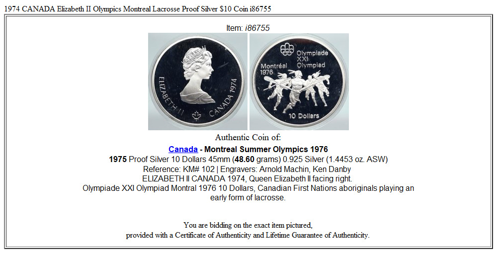 1974 CANADA Elizabeth II Olympics Montreal Lacrosse Proof Silver $10 Coin i86755