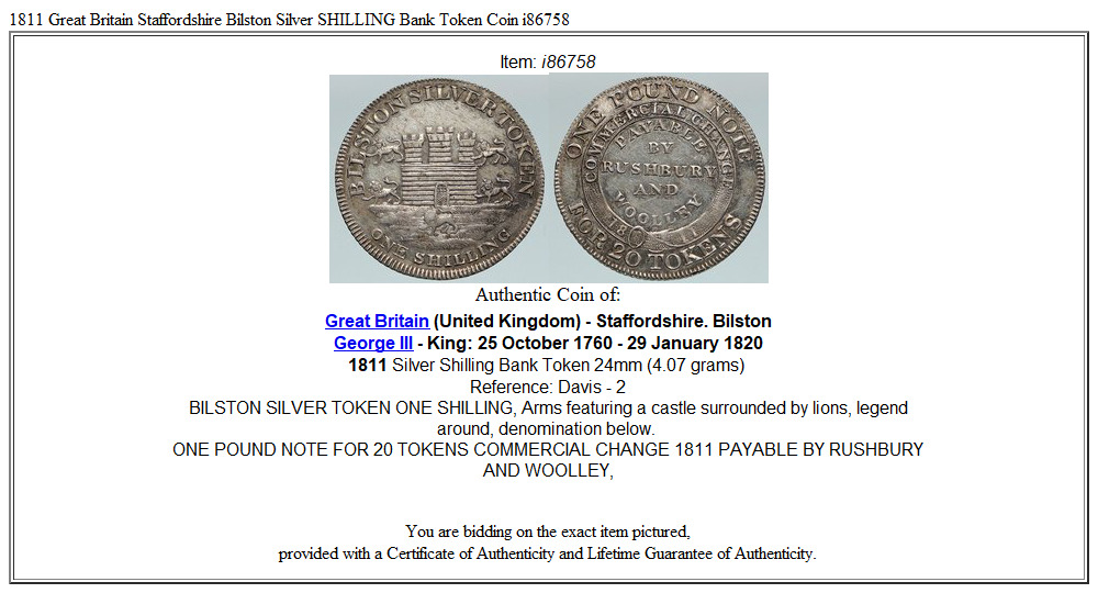 1811 Great Britain Staffordshire Bilston Silver SHILLING Bank Token Coin i86758