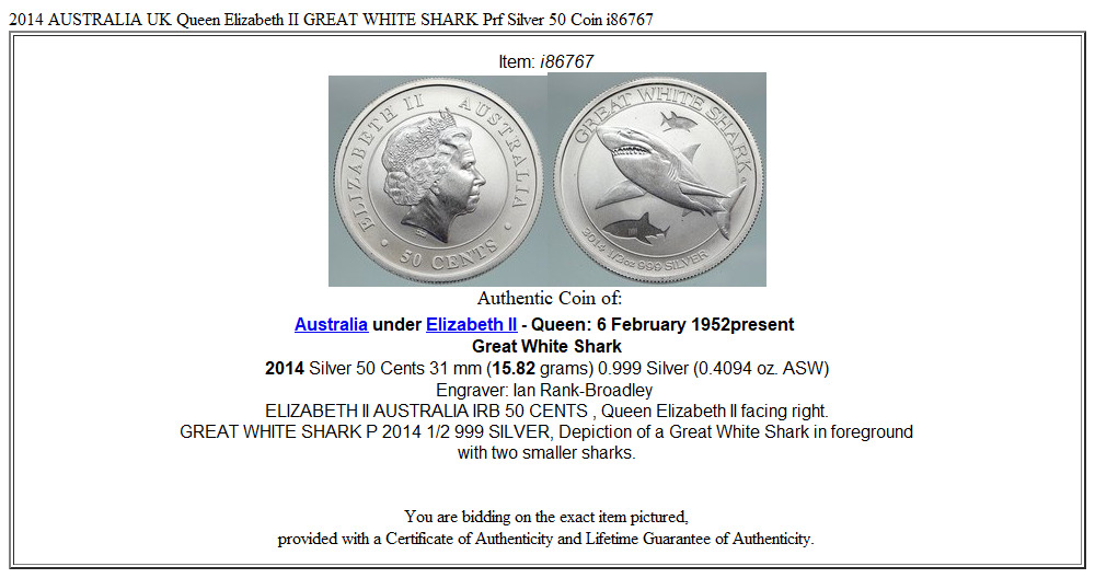 2014 AUSTRALIA UK Queen Elizabeth II GREAT WHITE SHARK Prf Silver 50 Coin i86767