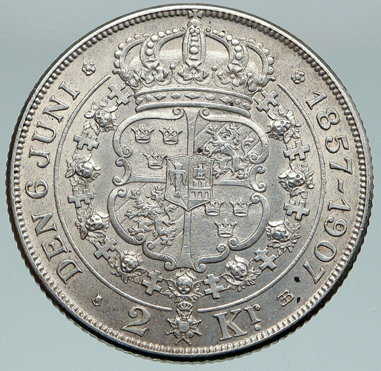 1907 SWEDEN King Oscar II Wedding to Lady Sophia OLD Silver 2 Kronor Coin i86761