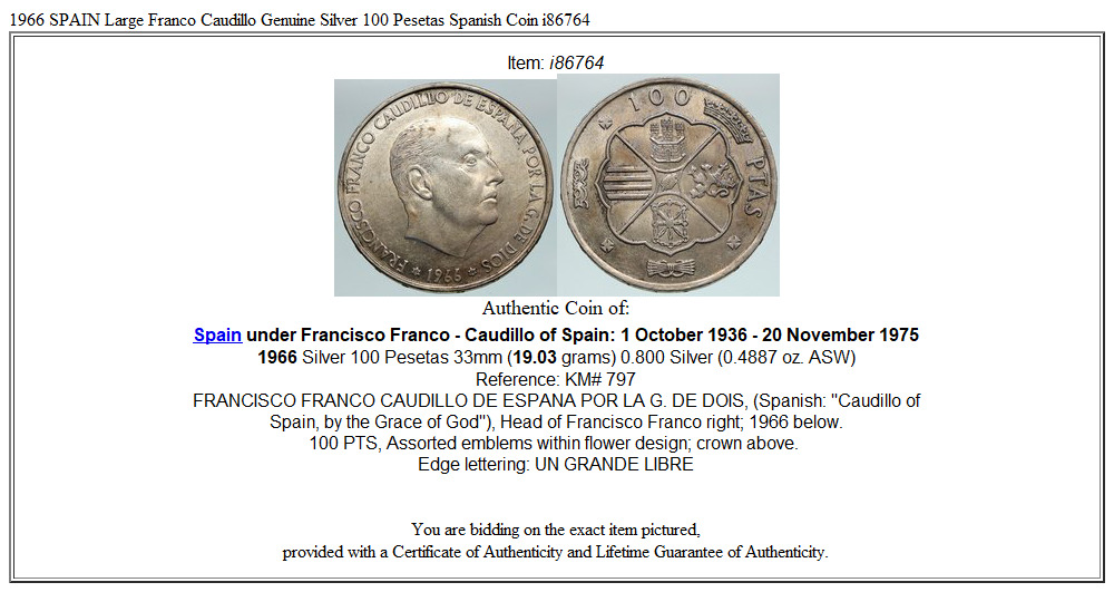 1966 SPAIN Large Franco Caudillo Genuine Silver 100 Pesetas Spanish Coin i86764