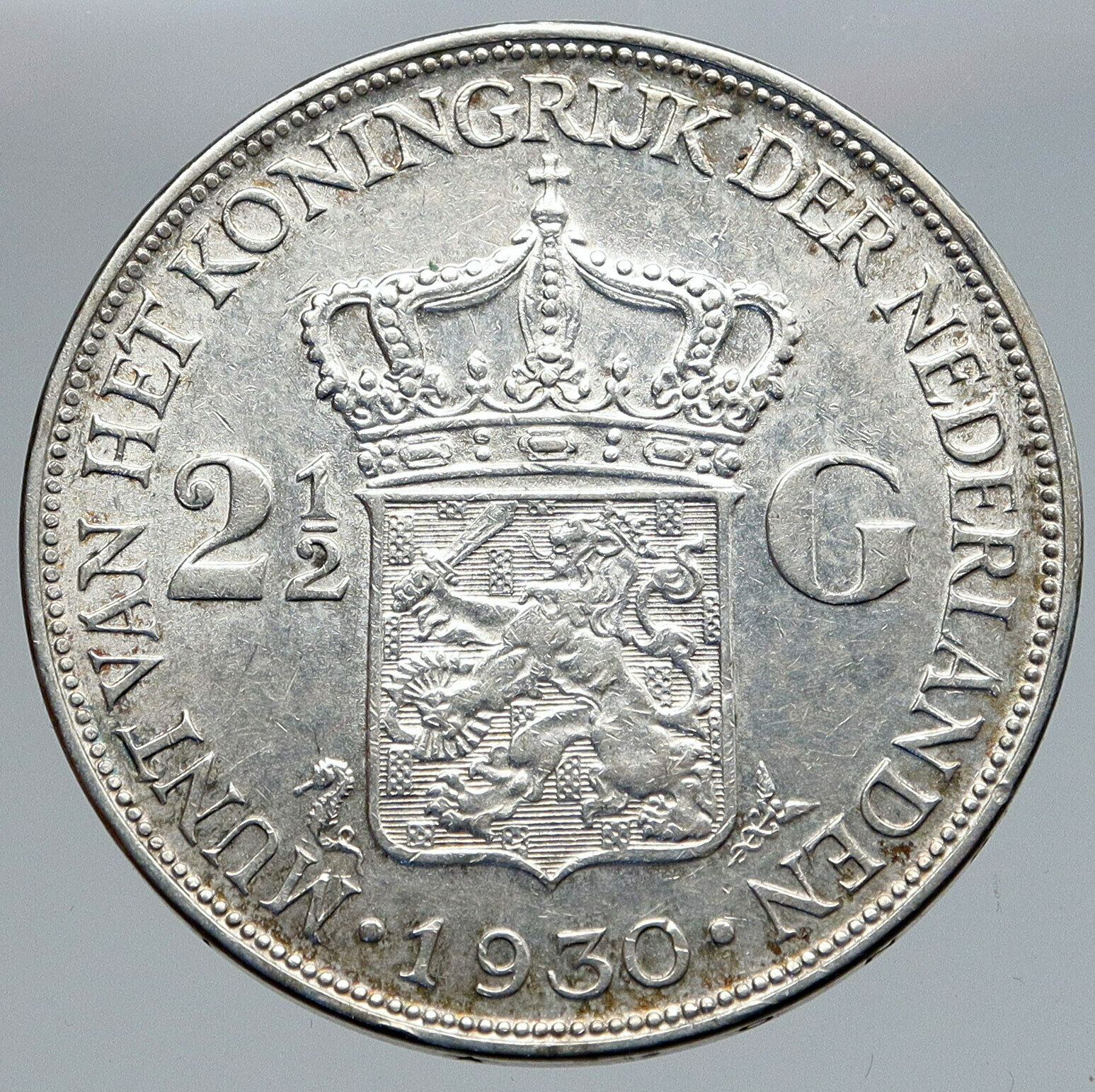 1930 Netherlands Kingdom Queen WILHELMINA 2 1/2 Gulden BIG Silver Coin i86846