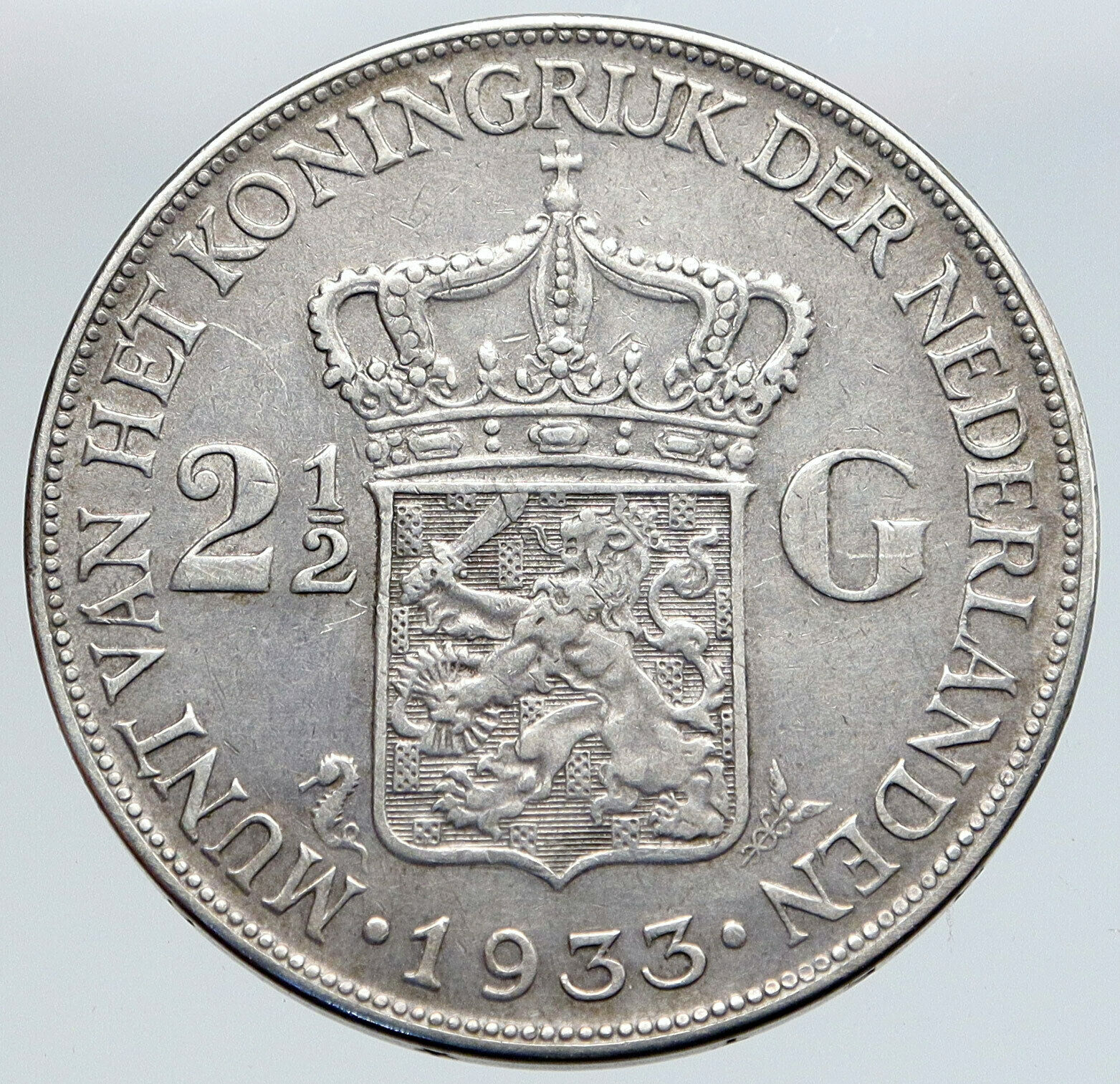 1933 Netherlands Kingdom Queen WILHELMINA 2 1/2 Gulden BIG Silver Coin i86844