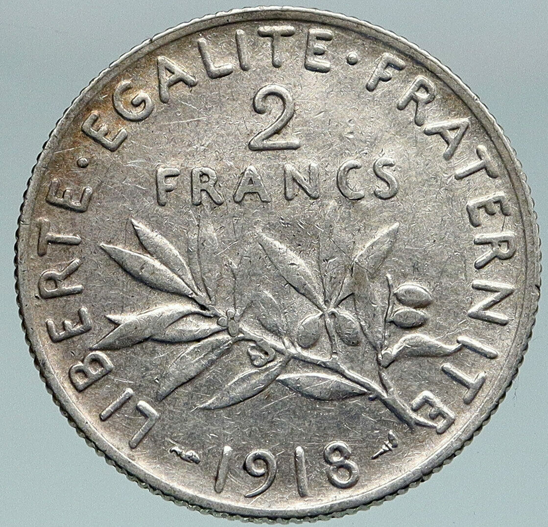 1918 FRANCE Antique Silver 2 Francs French Coin w La Semeuse Sower Woman i86765