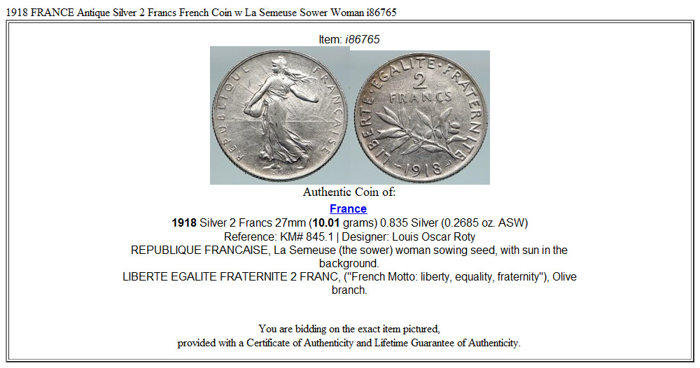 1918 FRANCE Antique Silver 2 Francs French Coin w La Semeuse Sower Woman i86765