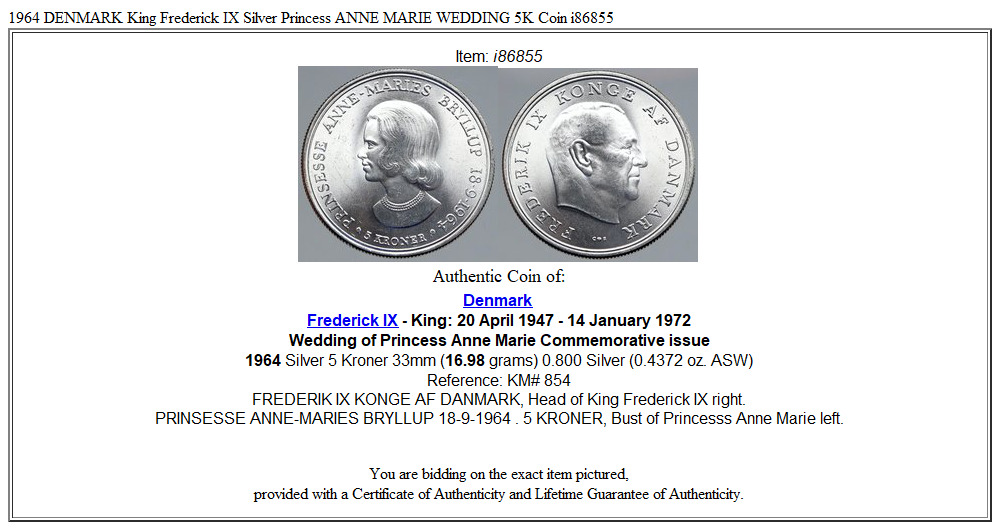 1964 DENMARK King Frederick IX Silver Princess ANNE MARIE WEDDING 5K Coin i86855