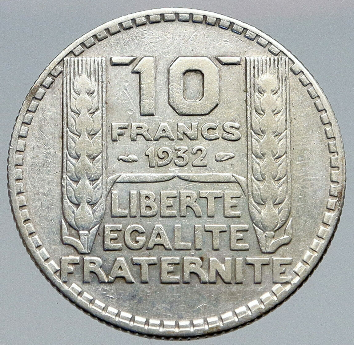 1932 FRANCE w Marianne FRENCH MOTTO Antique VINTAGE Silver 10 Francs Coin i86851