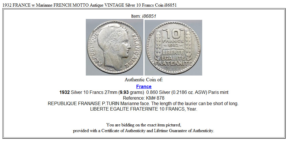 1932 FRANCE w Marianne FRENCH MOTTO Antique VINTAGE Silver 10 Francs Coin i86851