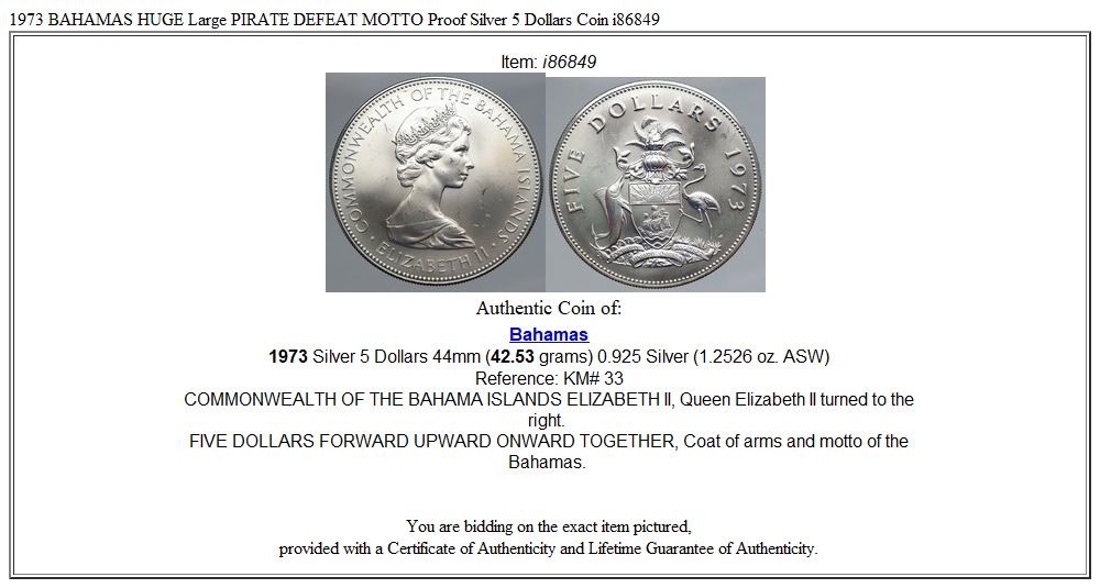 1973 BAHAMAS HUGE Large PIRATE DEFEAT MOTTO Proof Silver 5 Dollars Coin i86849