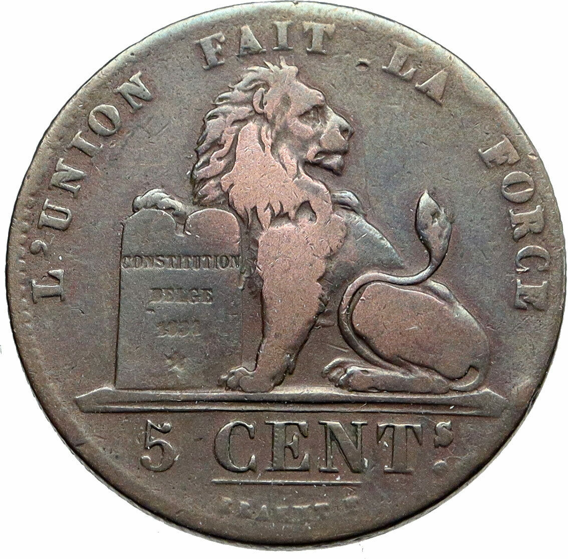 1841 BELGIUM King Leopold I LION Old VINTAGE ANTIQUE 5 Centimes Coin i86831