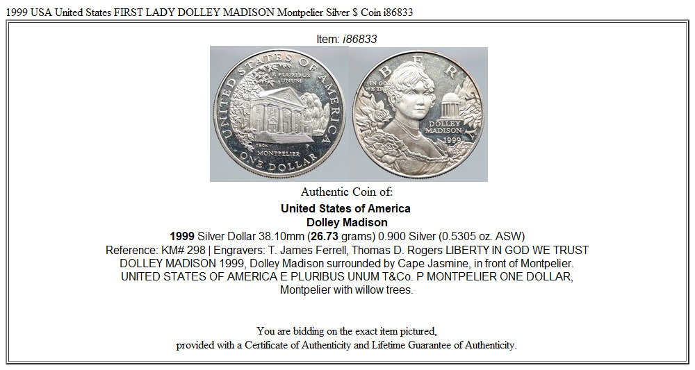 1999 USA United States FIRST LADY DOLLEY MADISON Montpelier Silver $ Coin i86833