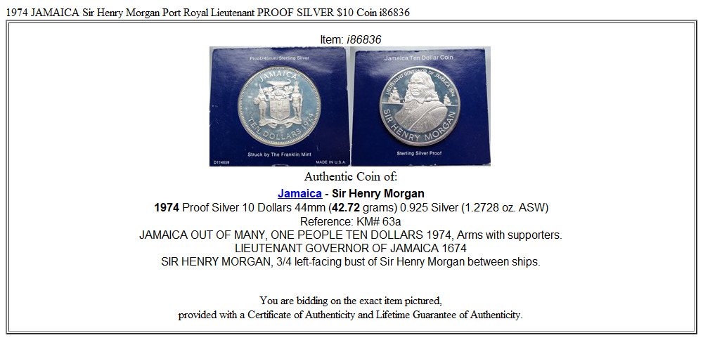 1974 JAMAICA Sir Henry Morgan Port Royal Lieutenant PROOF SILVER $10 Coin i86836