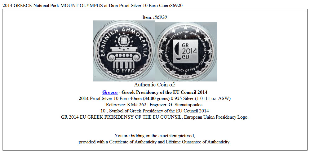 2014 GREECE National Park MOUNT OLYMPUS at Dion Proof Silver 10 Euro Coin i86920