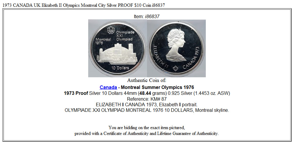 1973 CANADA UK Elizabeth II Olympics Montreal City Silver PROOF $10 Coin i86837