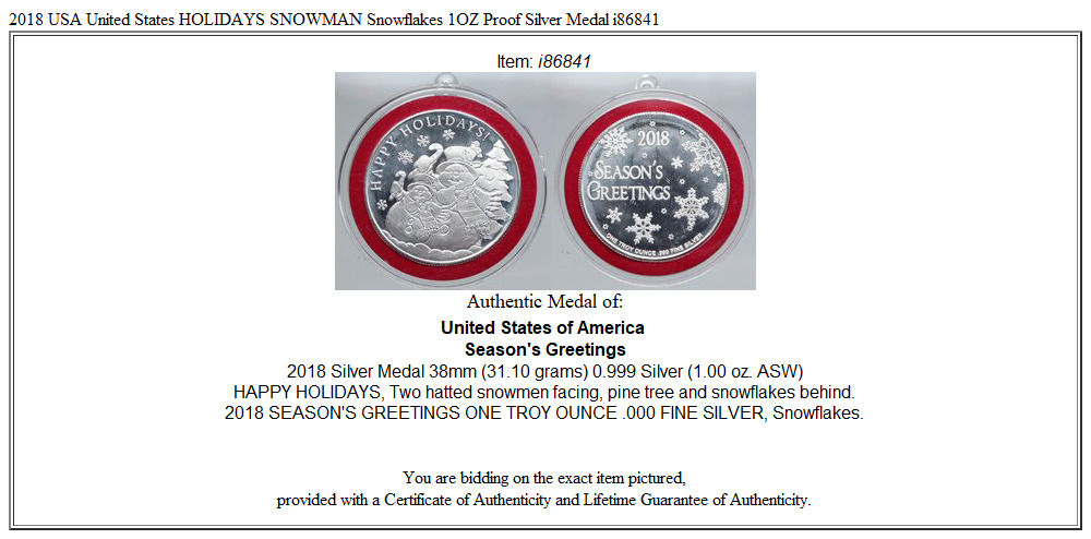 2018 USA United States HOLIDAYS SNOWMAN Snowflakes 1OZ Proof Silver Medal i86841