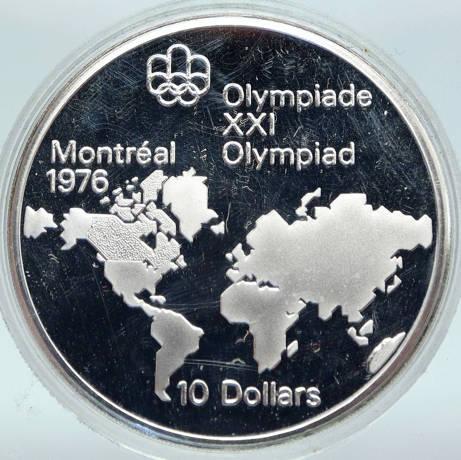 1973 CANADA Elizabeth II Olympics Montreal World Map PROOF Silver 10 Coin i86925