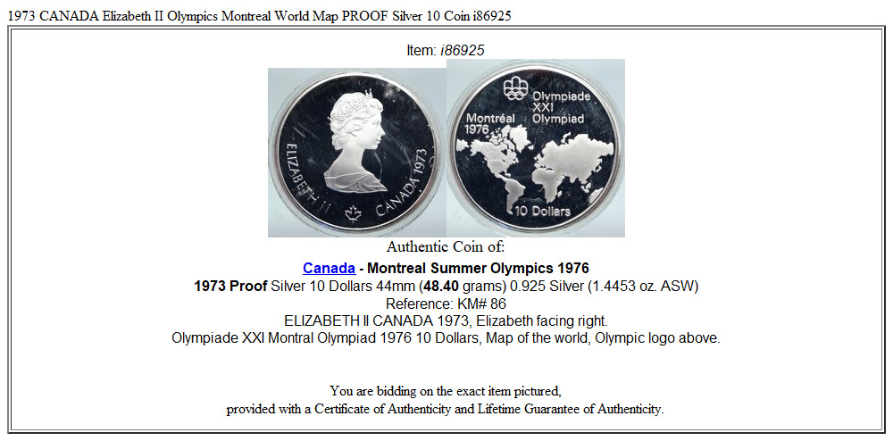 1973 CANADA Elizabeth II Olympics Montreal World Map PROOF Silver 10 Coin i86925