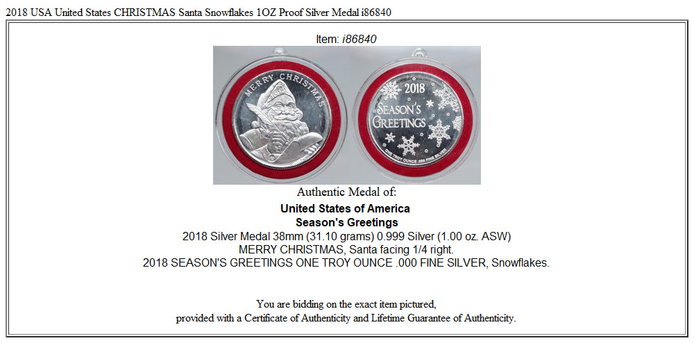 2018 USA United States CHRISTMAS Santa Snowflakes 1OZ Proof Silver Medal i86840