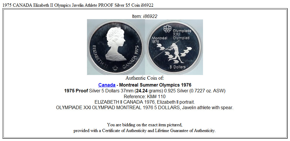 1975 CANADA Elizabeth II Olympics Javelin Athlete PROOF Silver $5 Coin i86922