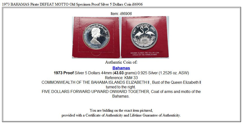 1973 BAHAMAS Pirate DEFEAT MOTTO Old Specimen Proof Silver 5 Dollars Coin i86906