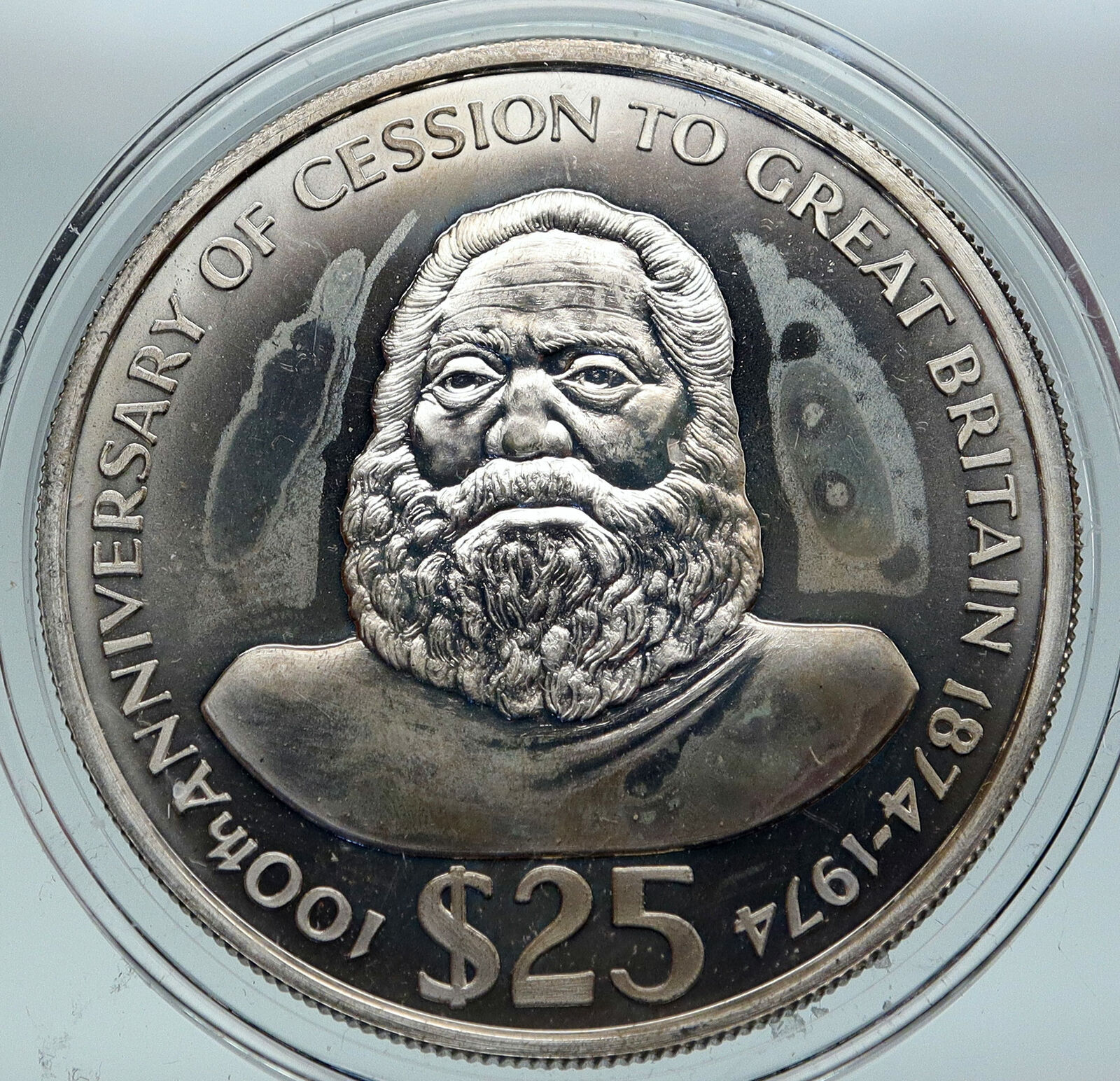 1974 FIJI UK Queen Elizabeth II King Cokabau HUGE Matte Silver $25 Coin i86930