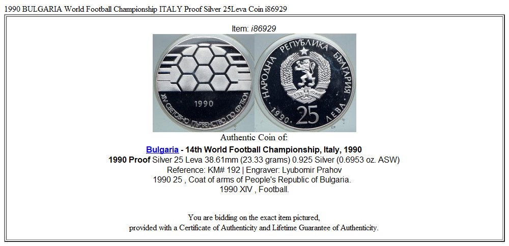 1990 BULGARIA World Football Championship ITALY Proof Silver 25Leva Coin i86929