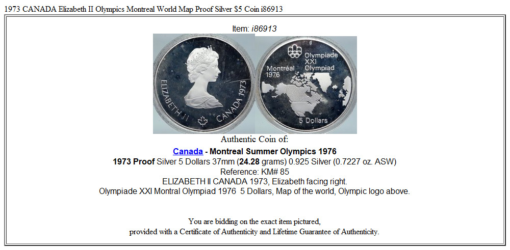 1973 CANADA Elizabeth II Olympics Montreal World Map Proof Silver $5 Coin i86913