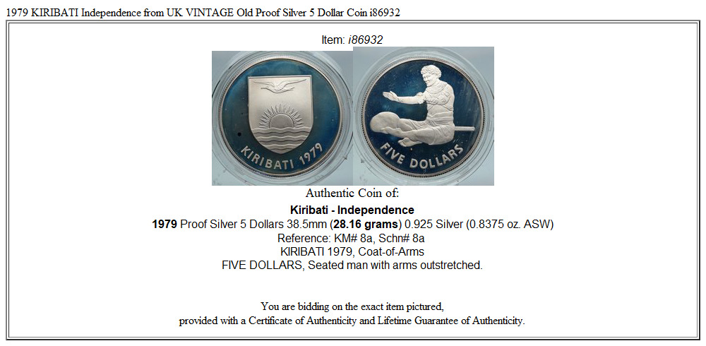 1979 KIRIBATI Independence from UK VINTAGE Old Proof Silver 5 Dollar Coin i86932