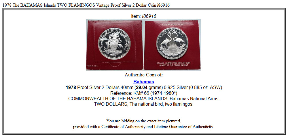 1978 The BAHAMAS Islands TWO FLAMINGOS Vintage Proof Silver 2 Dollar Coin i86916