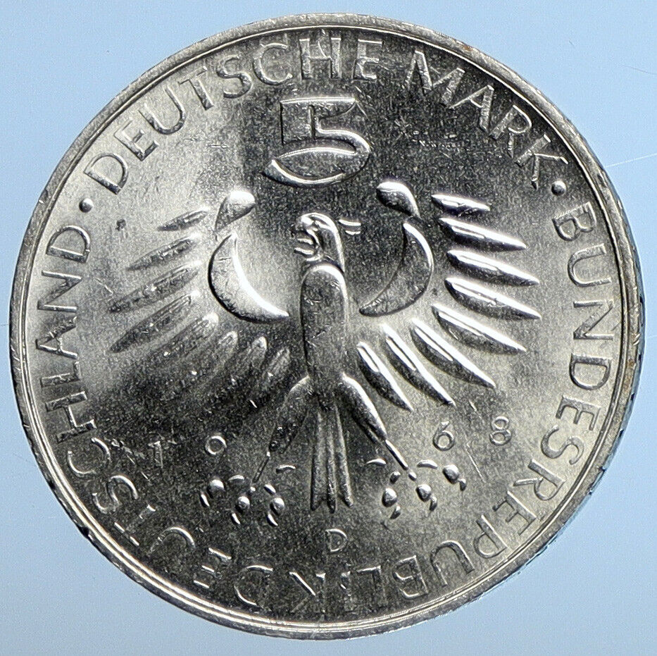 1968 D GERMANY Chemist Hygienist Max Pettenkofer OLD Vintage 5 Mark Coin i111270