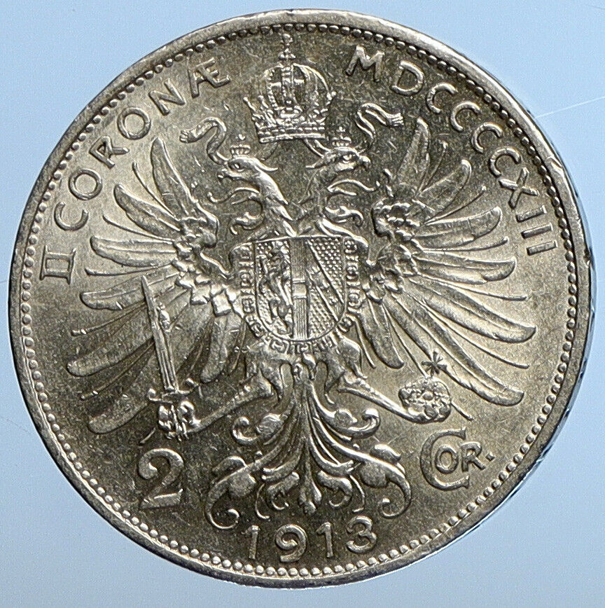 1913 AUSTRIA KING FRANZ JOSEPH I Eagle Antique OLD Silver 2 Corona Coin i111274