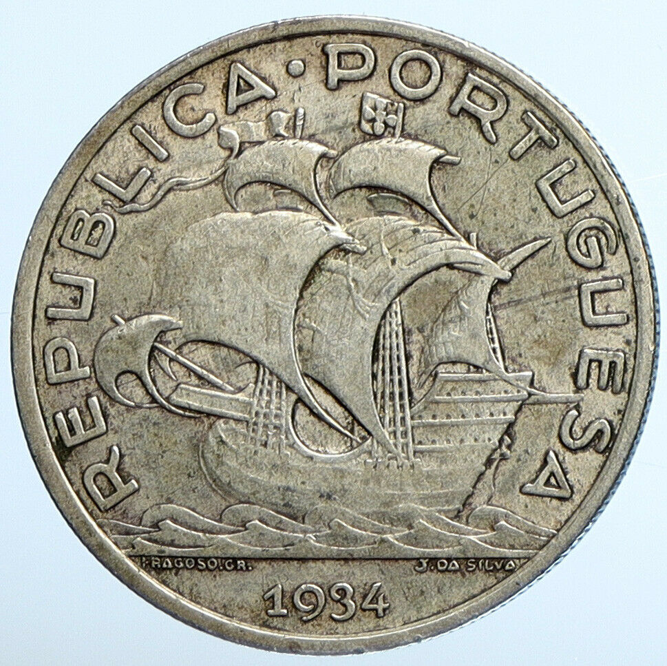 1934 PORTUGAL Vintage PORTUGUESE SAILING SHIP OLD Silver 10 Escudos Coin i111307