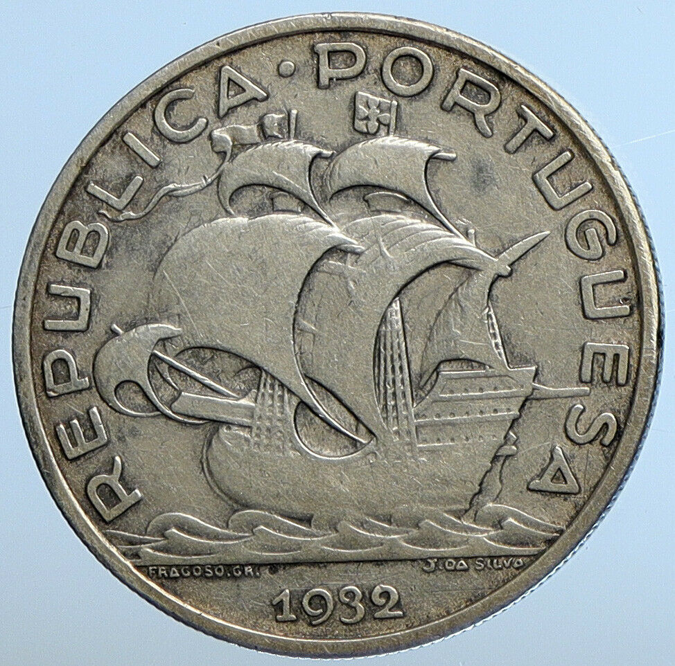 1932 PORTUGAL Vintage PORTUGUESE SAILING SHIP OLD Silver 10 Escudos Coin i111297