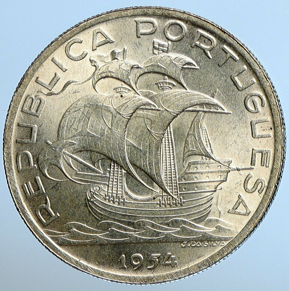 1954 PORTUGAL w PORTUGUESE SAILING SHIP Vintage Silver 10 Escudos Coin i111308